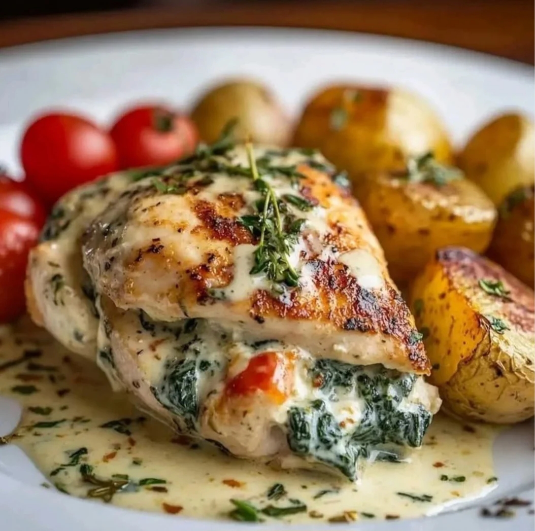 Chicken roulade with creamy spinach and stuffed feta cheese filling, beautifully plated
